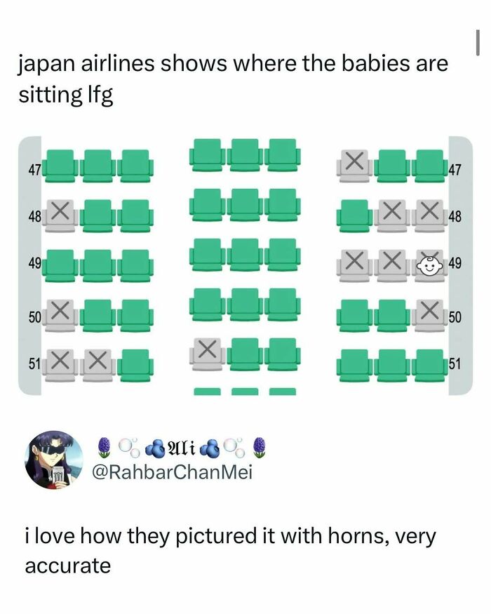 Diagram of Japan Airlines seating showing designated baby seats humorously highlighted with horns, a funny and interesting post.