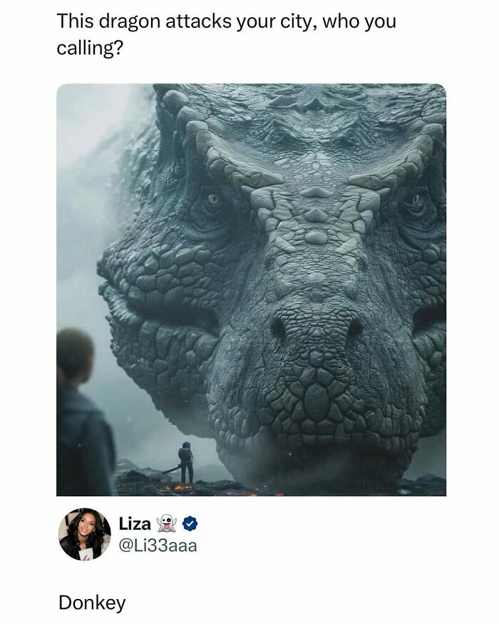 Close-up of a large dragon face next to a tiny person, a funny post to make your day a little better with humor and fantasy.