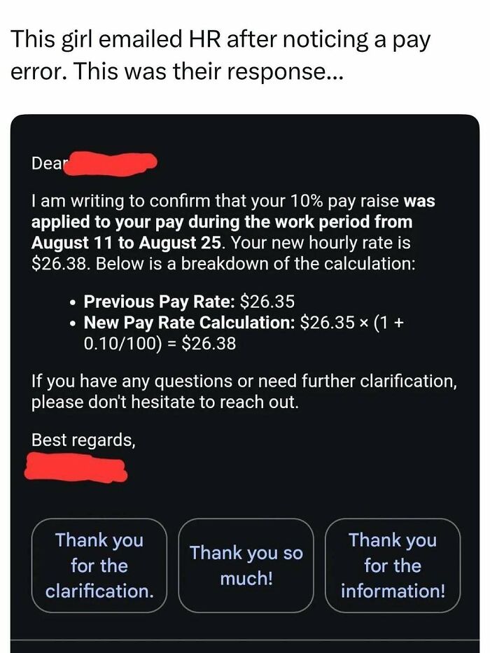 Email exchange showing a humorous pay raise calculation error, included in funny and interesting posts to brighten your day.
