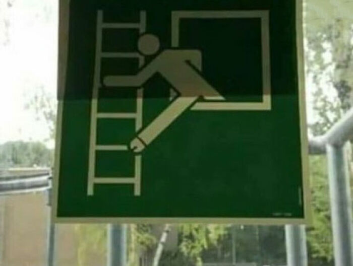 Funny and confusing sign showing a person crawling through a window labeled with there are bees for humorous effect.