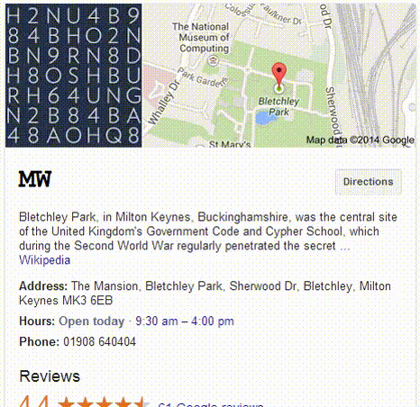 Google Easter Eggs showing a secret code puzzle and Bletchley Park location on a map as a hidden secret.