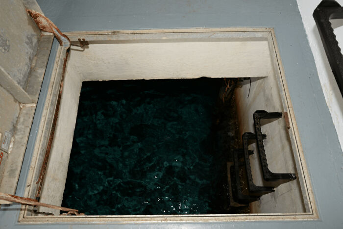 An open hatch reveals murky green water below with a ladder, providing an uncomfortable water pic.