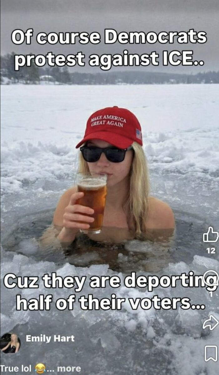 MAGA Influencer in icy water, wearing a red MAGA hat & sunglasses, drinking beer. Political meme about Democrats & ICE.