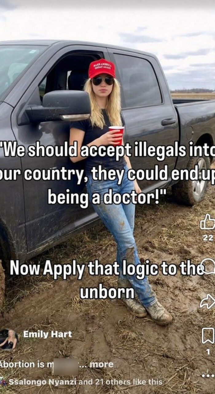 A MAGA influencer, blonde woman in a red hat & sunglasses, leans on a muddy truck. Text challenges abortion logic.