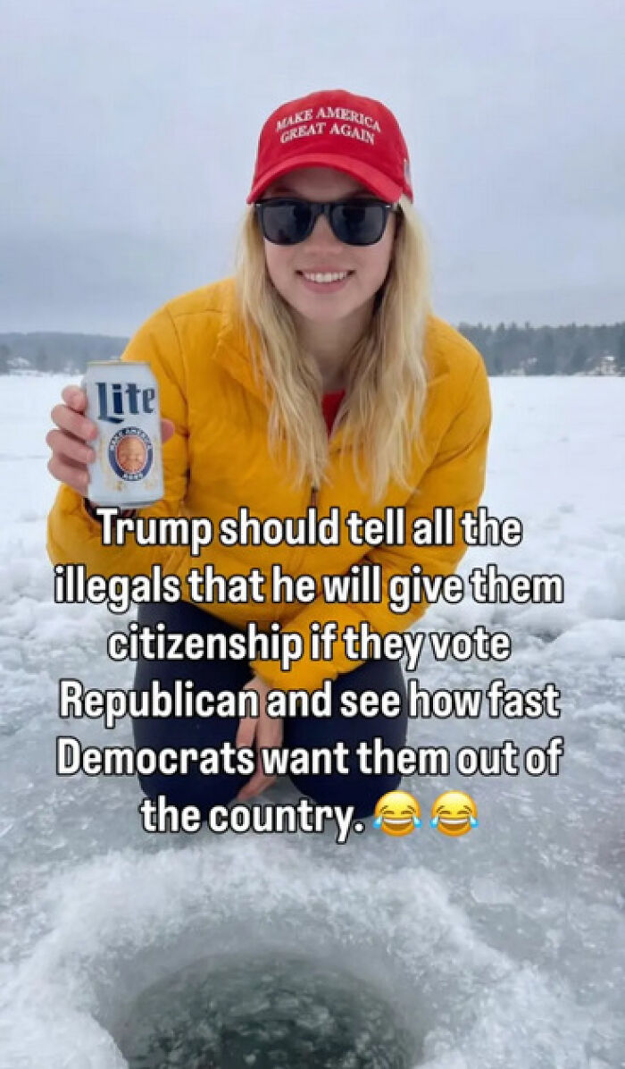 Blonde MAGA Influencer in a red hat and sunglasses, holding a Miller Lite can, ice fishing with political meme text.