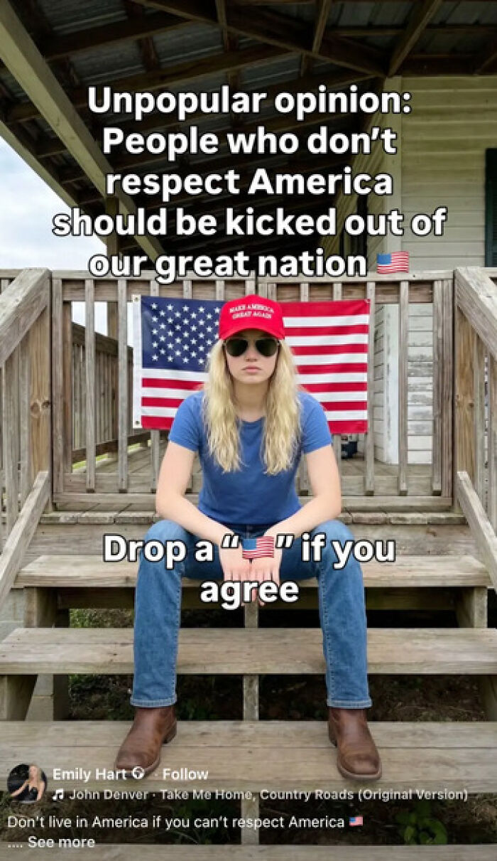 Blonde MAGA Influencer in a red hat and sunglasses sits on steps with an American flag, sharing an unpopular opinion.