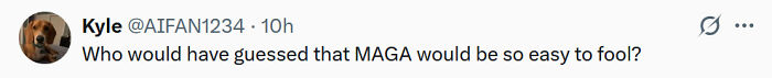 Kyle's tweet with a dog PFP reads, Who would have guessed MAGA would be so easy to fool? relating to a MAGA influencer's identity.