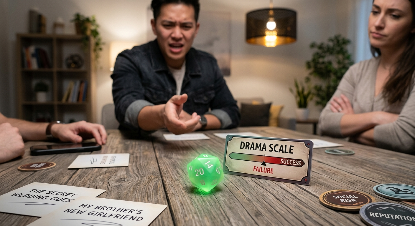 People playing a social dilemma game with drama scale cards and dice during an intense tabletop gaming session.