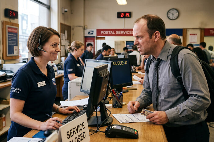 Customer service staff calmly handling rude customers at a busy postal service counter during a tense interaction.