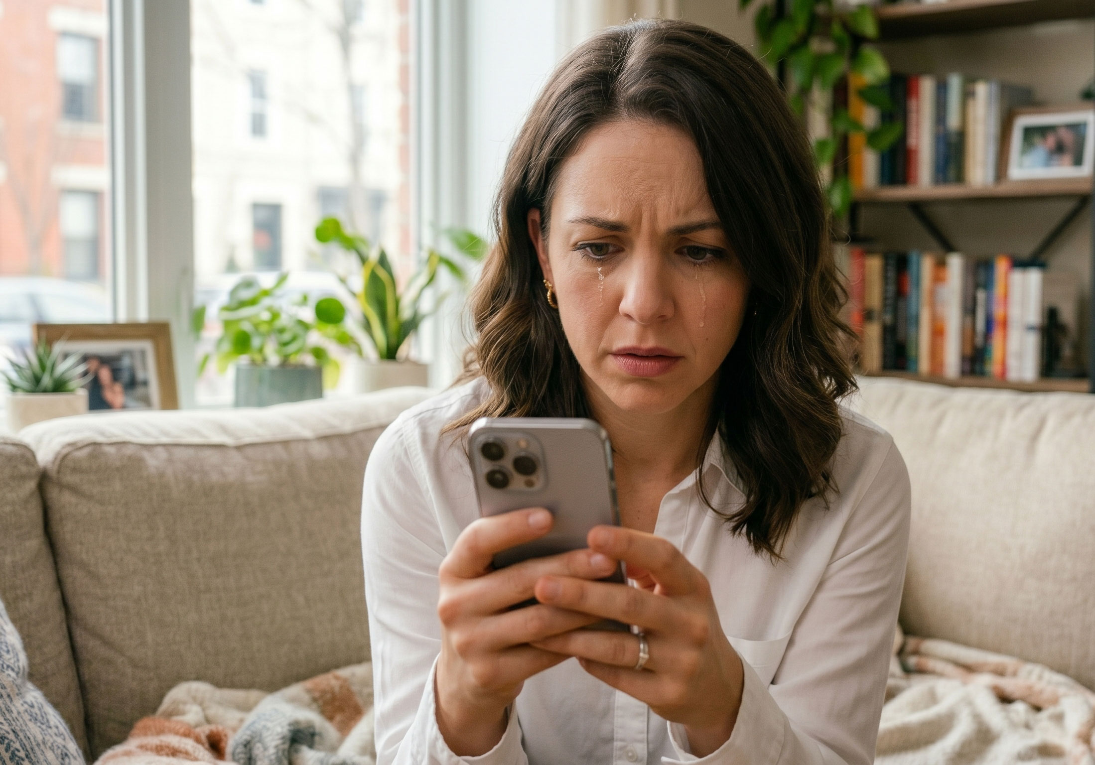 A distraught bride cries, holding a phone, after her best friend skips the wedding. Her heart is broken.