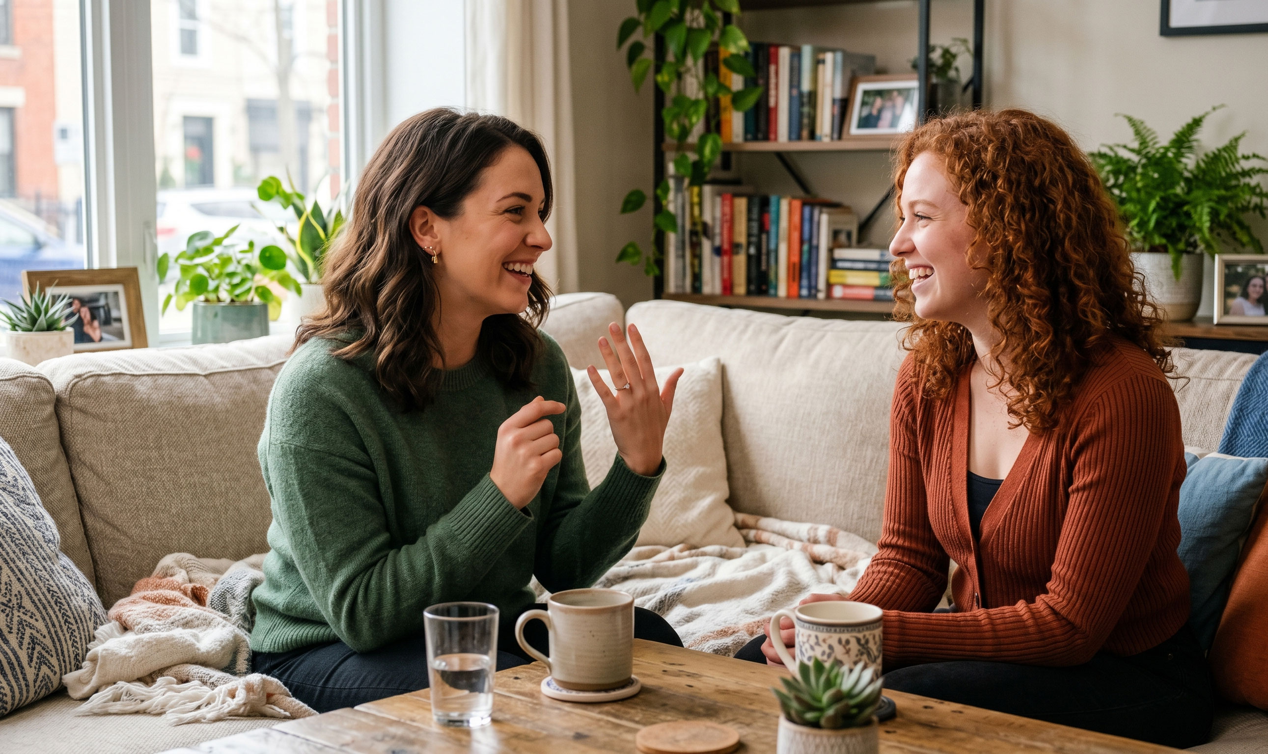 Two women, a best friend and a bride, smiling and talking on a couch, discussing a wedding day.