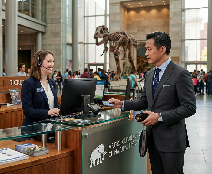 Customer interacting with museum staff at Metropolitan Museum of Natural History, showing silent satisfaction after service.