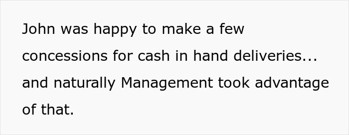 Text excerpt discussing how an overworked and underpaid friend was taken advantage of by management.