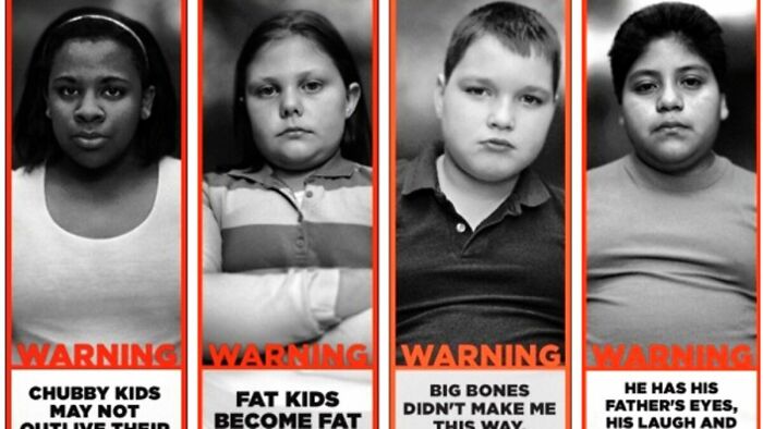 Black and white portraits of children with warnings about body image, highlighting marketing fails on harmful messaging.