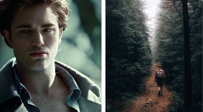 Split image with a young man in soft light on left and a lone hiker walking a forest path on right.