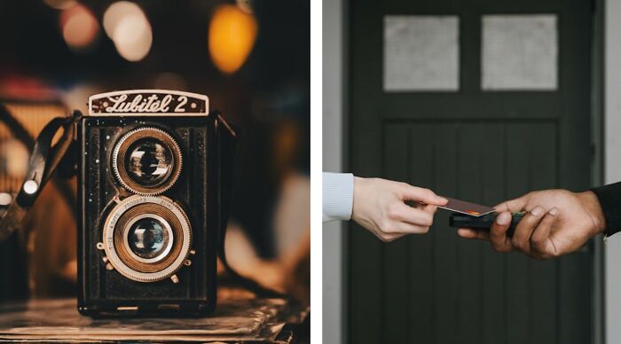 Vintage Lubitel 2 camera on a table with blurred background paired with hands exchanging a card.