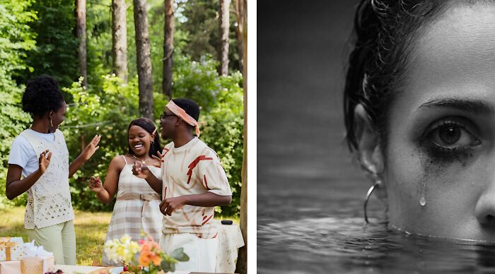 Group enjoying a happy outdoor gathering contrasted with a close-up of a tearful face.