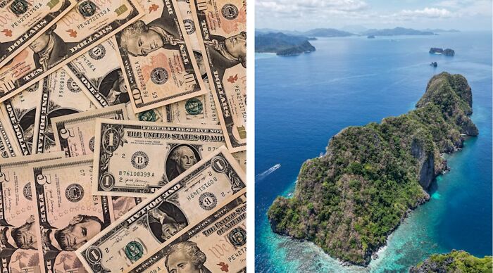 Stack of US dollar bills on left and aerial view of a rocky island surrounded by blue water on right.