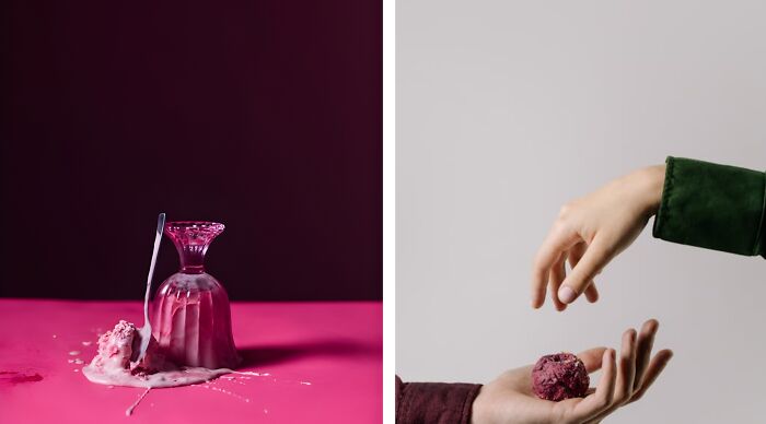 Left side shows a spilled dessert with an upside-down glass and spoon, right side hands exchanging a piece of candy.