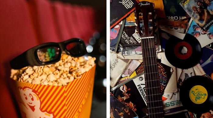 Popcorn with 3D glasses and a Fender guitar surrounded by vinyl records.