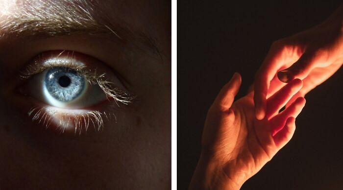 Close-up of a blue eye and two hands reaching out.