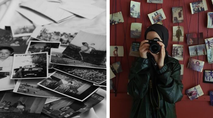 A person taking a photo in front of a red wall with old pictures, reflecting the theme of brutal lesser evil choices.