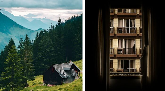 Split image showing a remote cabin in forested mountains and a dark room with a window facing an apartment building.