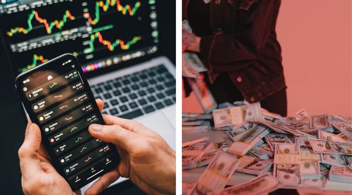 Hands holding a phone with stock market data and a person handling large stacks of cash.