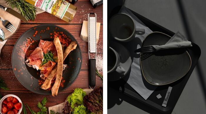 Two contrasting food scenes showing a vibrant prosciutto dish versus an empty tray.