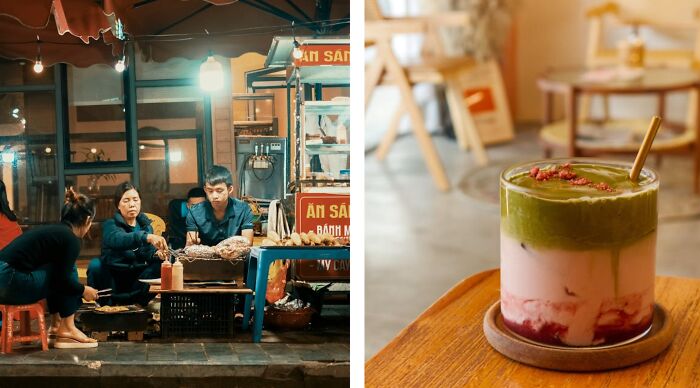 Street food vendors grilling skewers at night on the left, and a layered matcha and berry drink on the right.