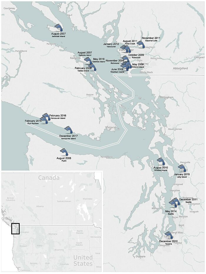 Map illustrating the mysterious things: locations and dates of numerous detached human feet discoveries in the Pacific Northwest.