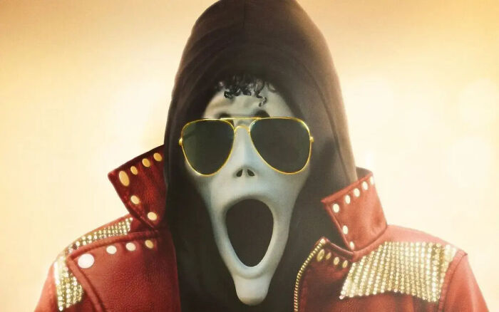Pôster de filme de terror mostrando Ghostface em uma roupa de Michael Jackson Thriller com óculos de aviador, gerando debate entre os fãs.