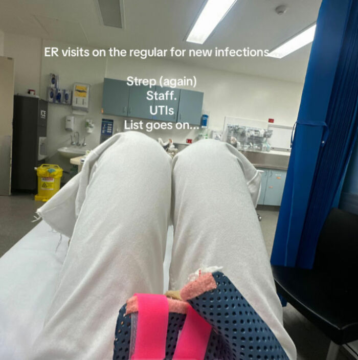 Patient in hospital room with leg brace, highlighting risks of infections related to nail salons and urgent medical visits.