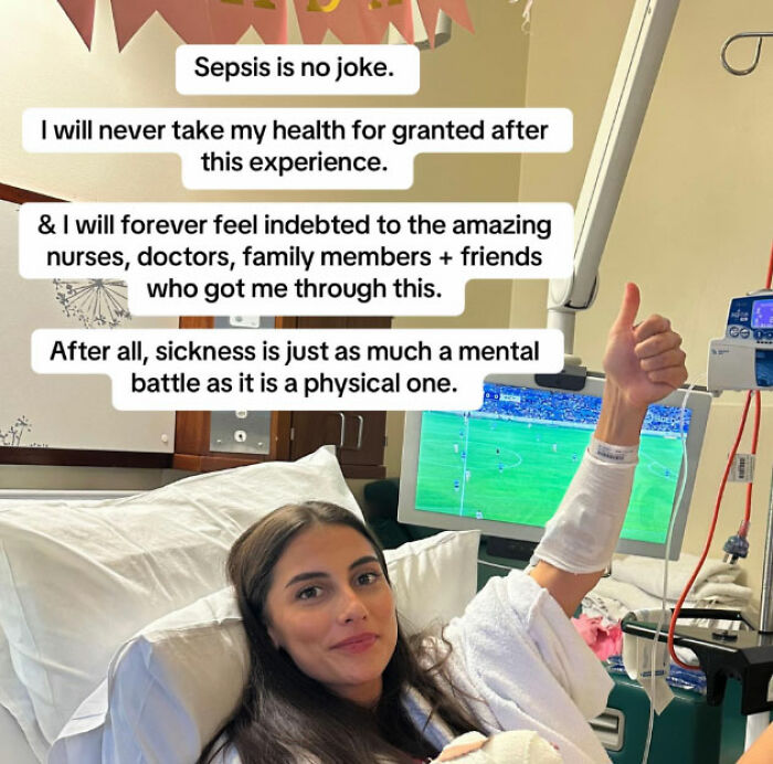 Young woman in hospital bed giving thumbs up, sharing urgent warning about nail salons after serious health scare.