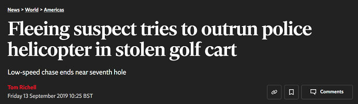 Headline about fleeing suspect trying to outrun police helicopter in stolen golf cart, related to gut warnings.