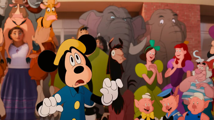 A crowd of Disney characters including Mickey Mouse, elephants, pigs, and princesses. Guess which character each pair of iconic Disney eyes belongs to!