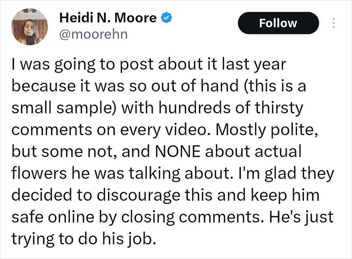 Tweet from Heidi N. Moore discussing a New York Botanical Garden scientist turning off comments due to thirsty fans. Tweet from Heidi N. Moore discussing a New York Botanical Garden scientist turning off comments due to thirsty fans.