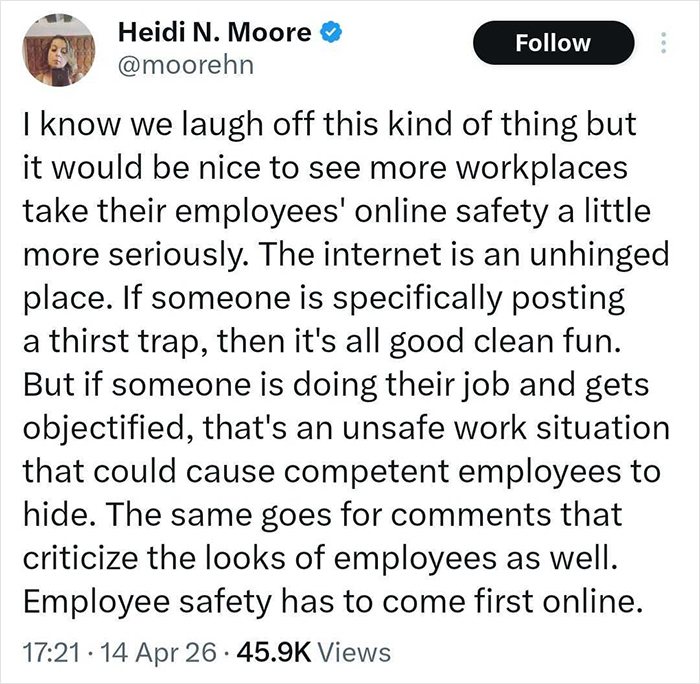 Tweet from Heidi N. Moore discussing online safety and employee harassment at work related to New York Botanical Garden scientist. Tweet from Heidi N. Moore discussing online safety and employee harassment at work related to New York Botanical Garden scientist.