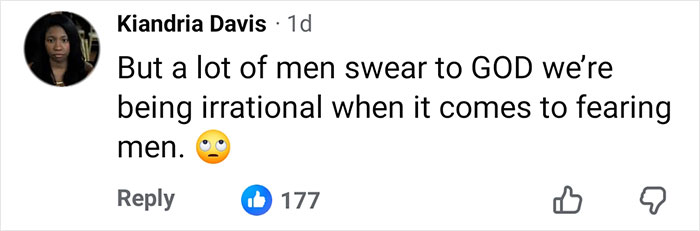 Screenshot of a social media comment discussing fears about men, related to investigation uncovering depraved website advice.