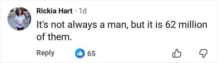 Screenshot of a social media comment by Rickia Hart discussing the number of men related to a disturbing crime advice website.