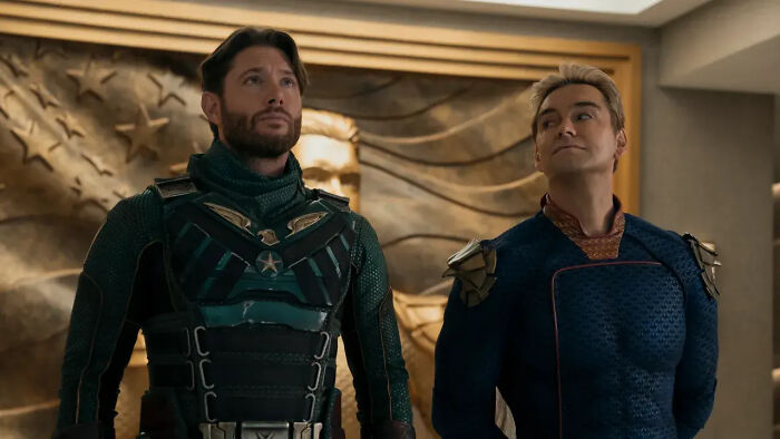 Two main characters from The Boys wearing superhero suits, representing the series' season 5 release schedule and viewing options.