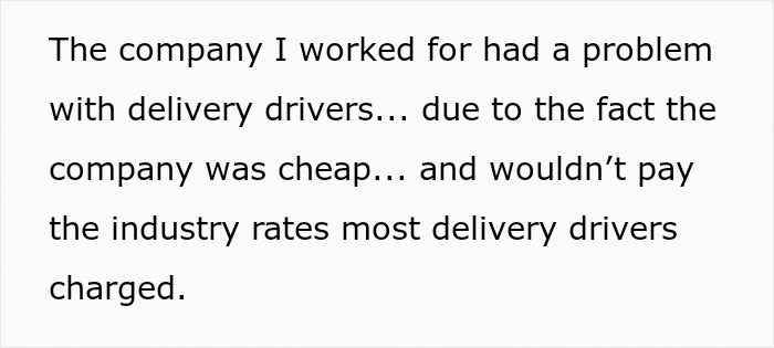 Text excerpt showing a story about helping an overworked and underpaid delivery driver facing unfair company pay practices.