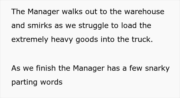 Text excerpt showing a manager smirking while workers struggle with heavy goods, highlighting overworked and underpaid challenges.
