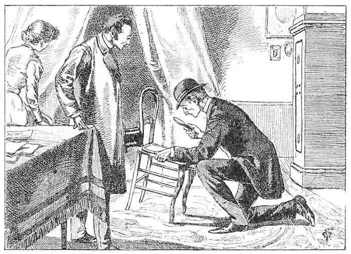 Vintage black and white illustration of a man examining a chair with a magnifying glass over a mysterious scene causing sleeplessness.