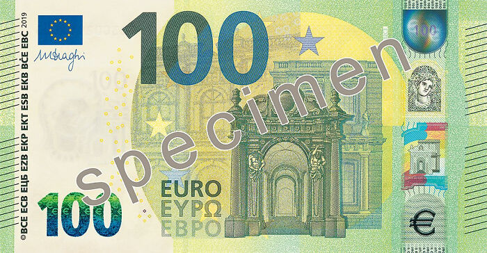 100 euro banknote with detailed architectural design and security features from years 1960 to 2010 highlighting historical changes