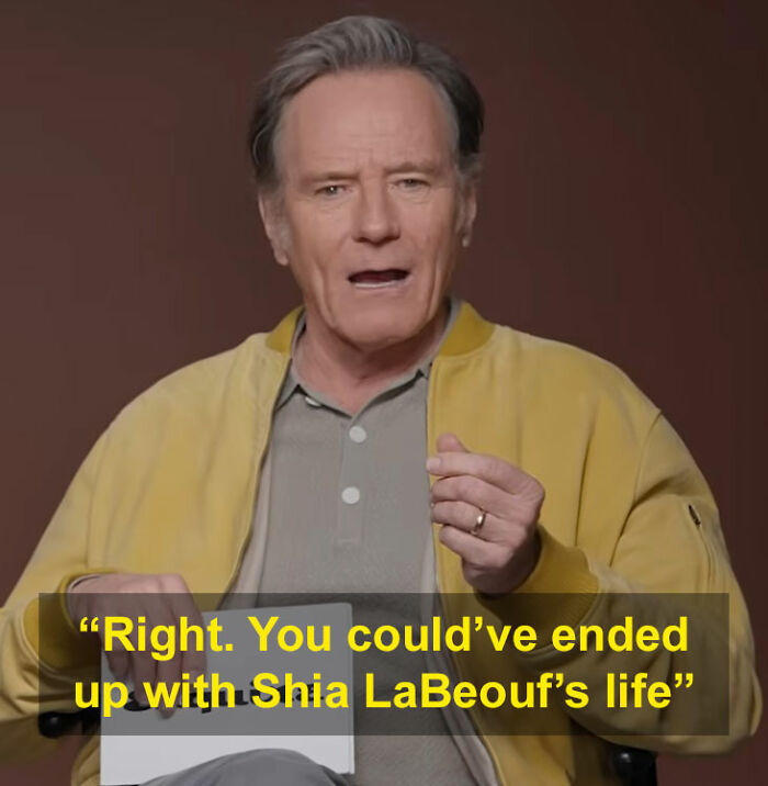Bryan Cranston delivering brutal and direct remarks on Shia LaBeouf in a serious interview setting.