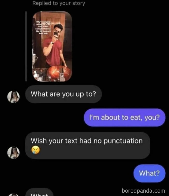 Text message meme showing a humorous conversation about punctuation errors on social media.