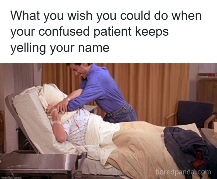 Healthcare meme showing a frustrated caregiver covering a confused patient's face in a hospital bed.