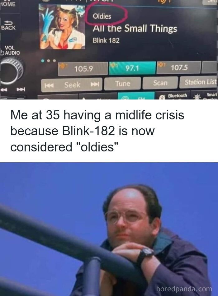 Car radio screen showing Blink-182 labeled as oldies, with a man looking pensive, evoking 90s memes nostalgia.