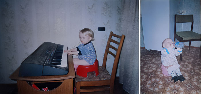 Funny and chaotic childhood photos showing toddlers playing keyboard and drinking from a bottle in a retro home setting